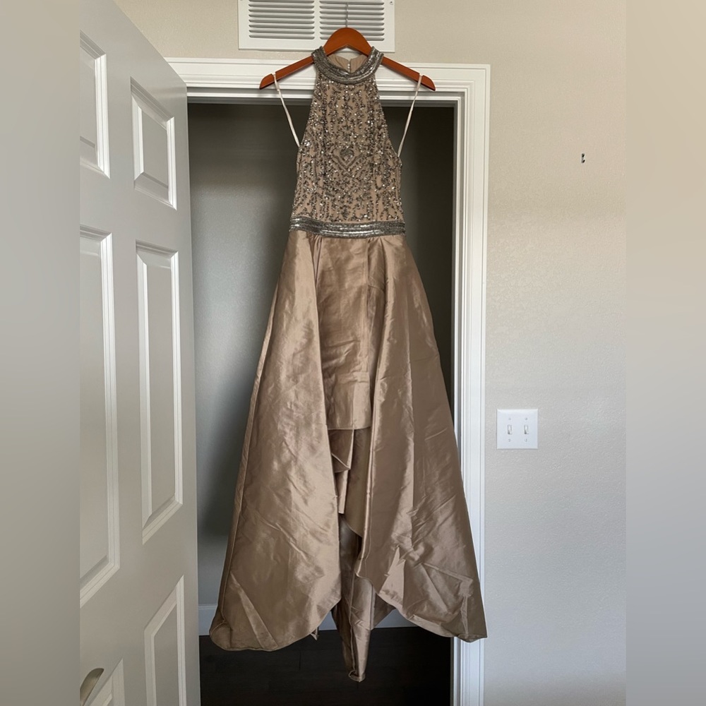 Beaded Halter Top with High Low Skirt Formal Dress